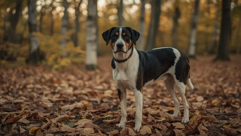 Deutsche Bracke mit dreifarbigem schwarz-braun-weißem Fell im herbstlichen Birkenwald