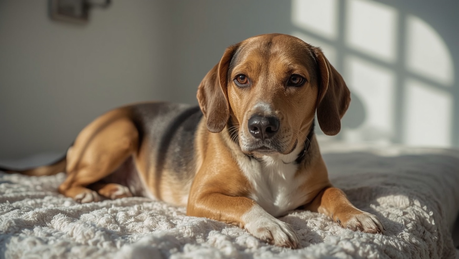 Senior Beagle mit Cushing-Syndrom liegt ruhig auf weicher Decke im Licht eines Fensters