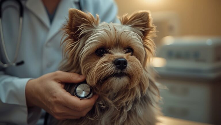 Tierarzt untersucht Yorkshire Terrier mit Stethoskop am Hals — typische Trachealkollaps-Diagnostik