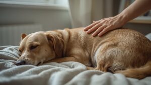 Senior Hund ruht auf weicher Decke während ein Halter unterstützend die Hand auf den Rücken legt