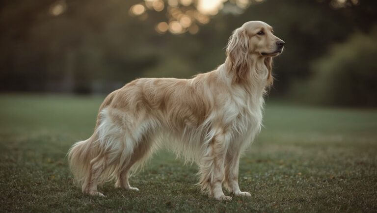 Eleganter Afghanischer Windhund mit langem seidigen Fell im goldenen Abendlicht
