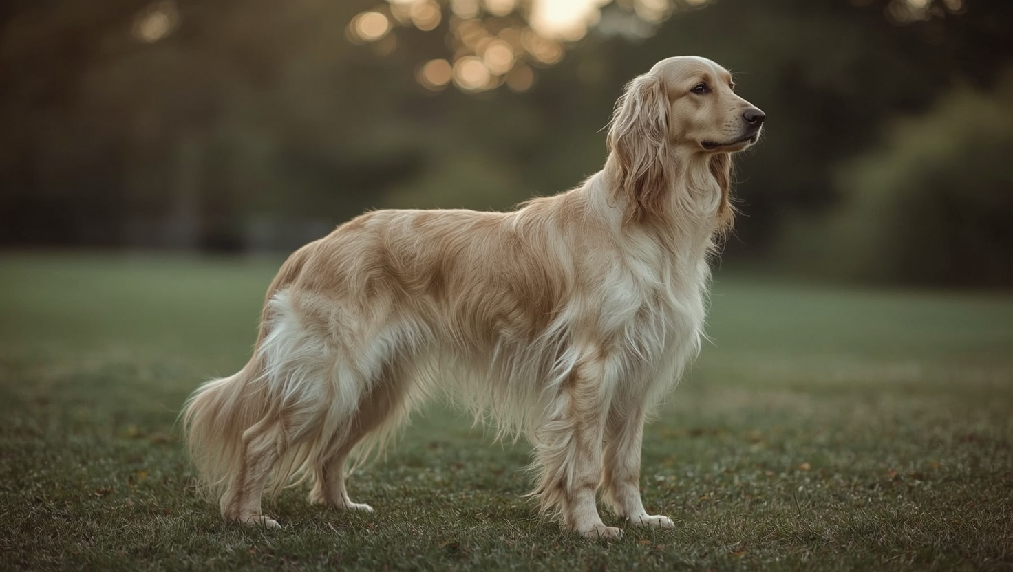 Eleganter Afghanischer Windhund mit langem seidigen Fell im goldenen Abendlicht