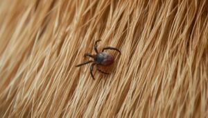 Nahaufnahme einer Zecke im Fell eines Hundes — Überträger der Borreliose