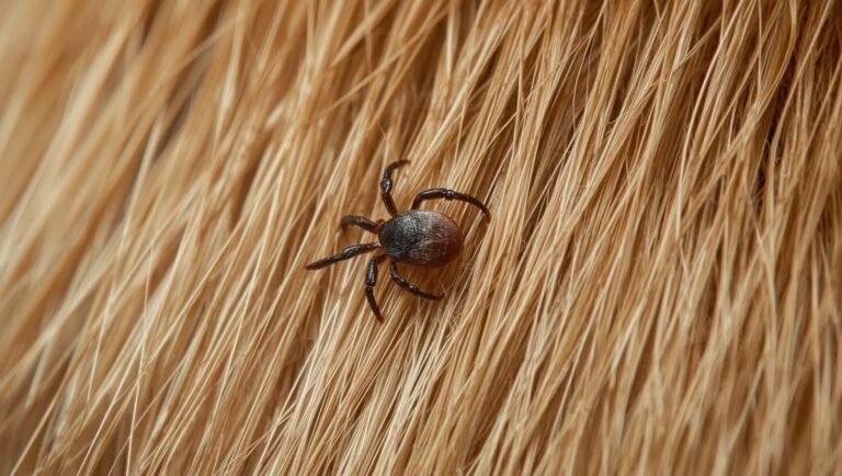 Nahaufnahme einer Zecke im Fell eines Hundes — Überträger der Borreliose