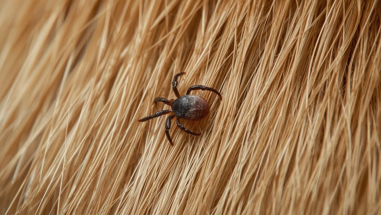 Nahaufnahme einer Zecke im Fell eines Hundes — Überträger der Borreliose